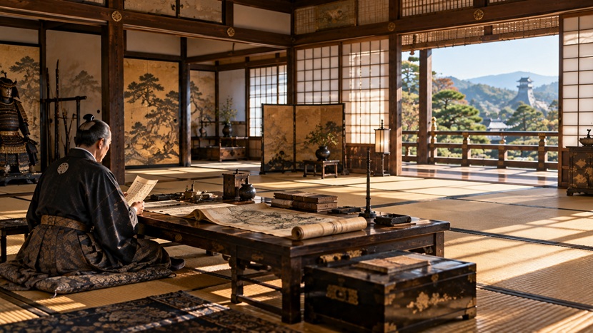 戦国時代の武将が書院で地図や書状を前に思案する歴史的な室内風景