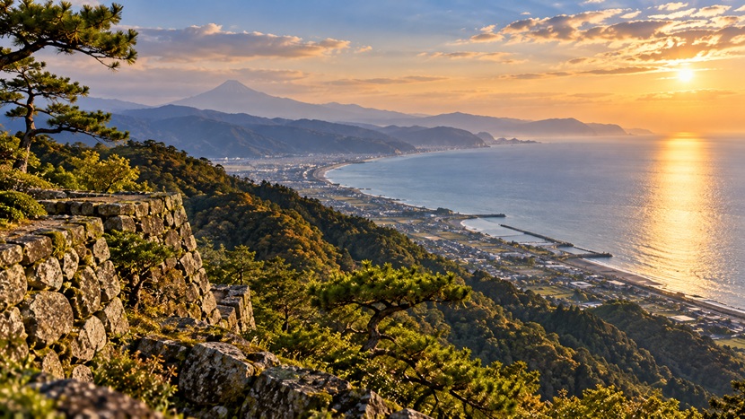 徳川家康が埋葬された久能山と駿河湾の景色をイメージした風景