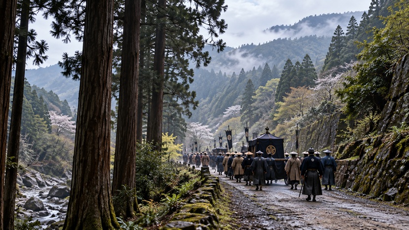 1617年に久能山から日光へ向かった徳川家康の霊柩の行列を想像した風景