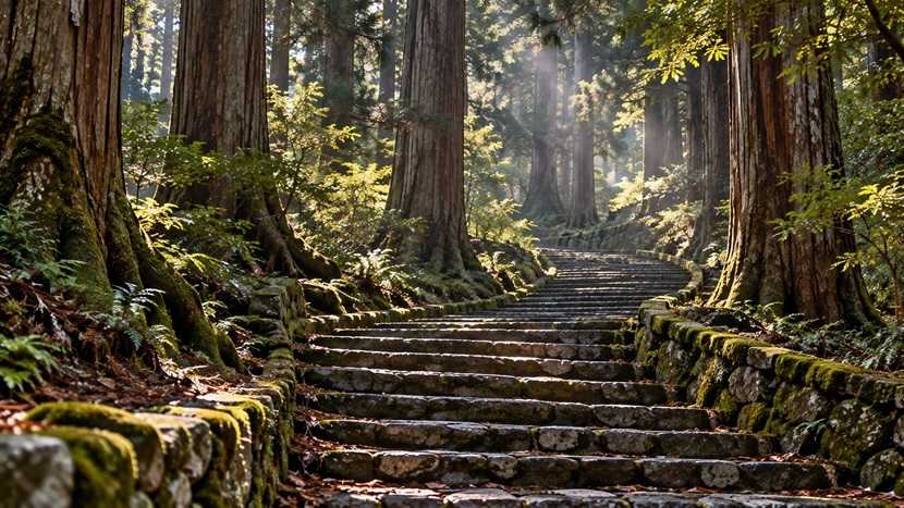 徳川家康の墓がある日光東照宮奥宮への石段をイメージした杉林の参道