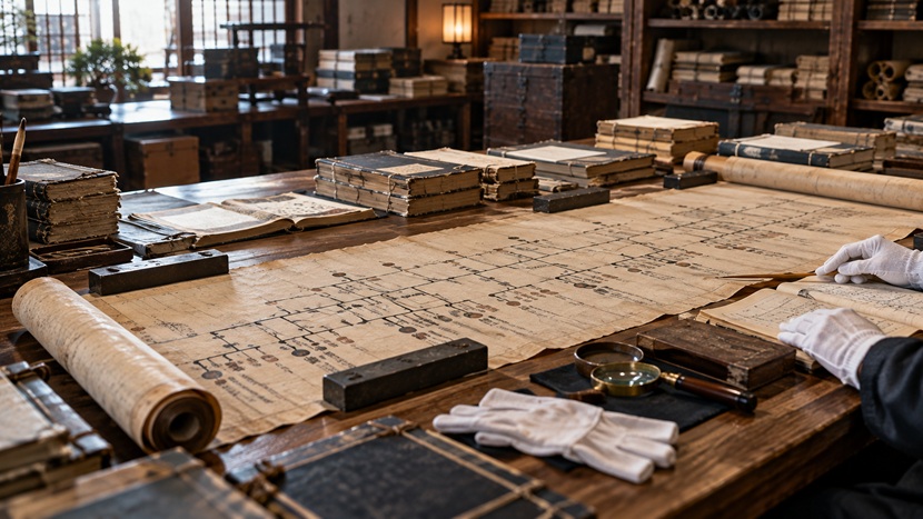 古い家系図の巻物を机に広げて調査する歴史研究の風景