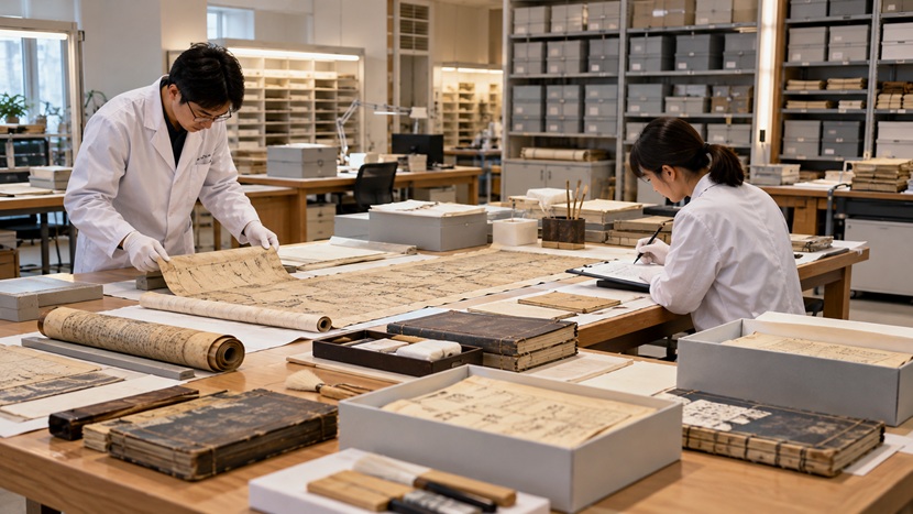 歴史資料保存室で古文書を慎重に扱う学芸員たち
