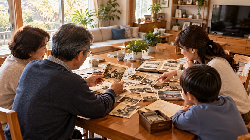 古い家族写真を囲みながら世代を超えて語り合う現代の家族