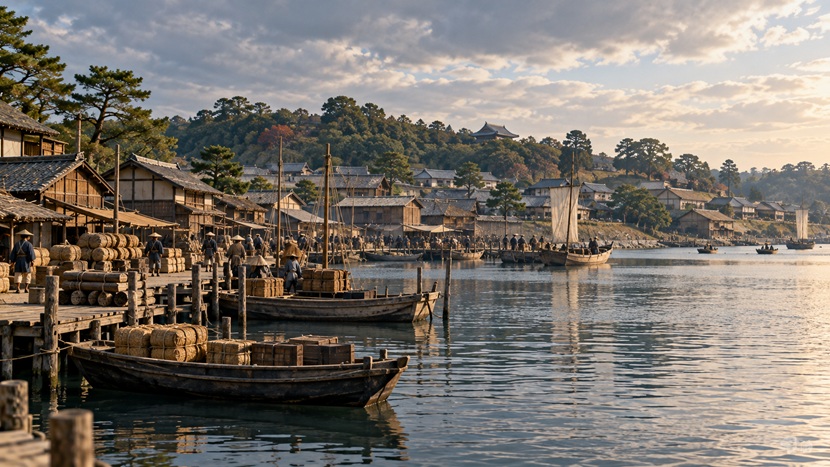 徳川家康が関東へ移封された1590年頃の江戸の水辺と船着き場の想像風景