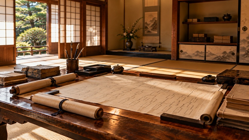 徳川家康の妻と子供の家系図を象徴する江戸時代の系譜資料と巻物