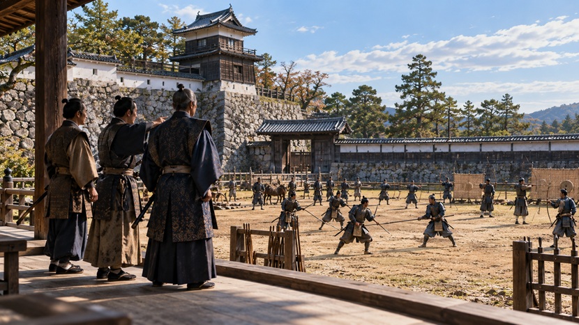 城内の訓練場で武士たちの稽古を見ながら重臣の説明を聞く徳川家康のイメージ