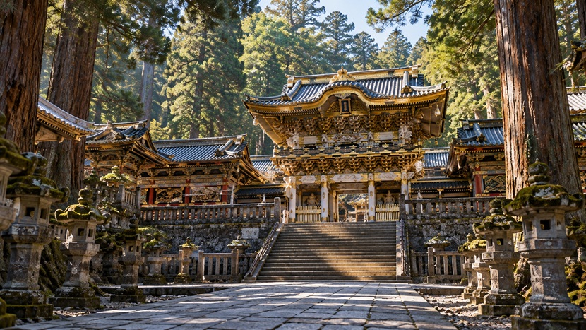 徳川家康を祀る日光東照宮をイメージした社殿と杉林の風景