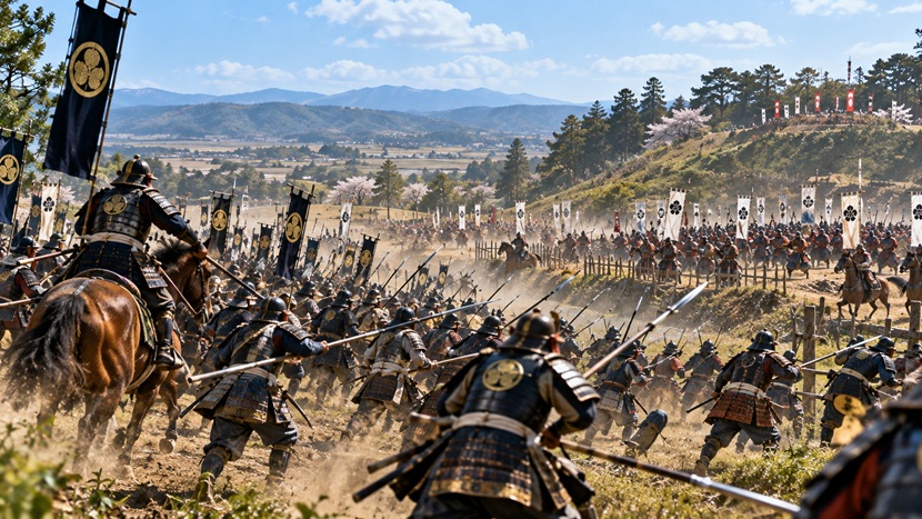 1584年の小牧・長久手の戦いで徳川軍と羽柴軍が激突する戦国合戦の再現風景