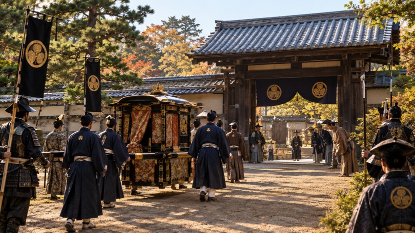 1586年に豊臣秀吉の母である大政所が岡崎を訪れた場面をイメージした歴史風景