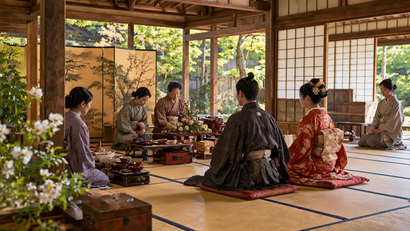戦国時代の尾張の武家屋敷で婚礼の準備をする人々と若い夫婦の歴史再現風景
