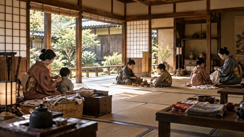 戦国時代の武家屋敷で子供たちの様子を見守る母親まつをイメージした家庭風景