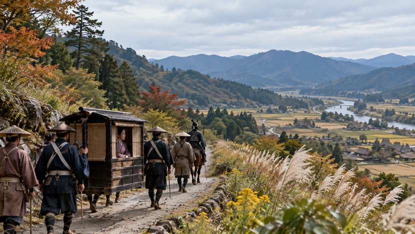 1600年に江戸へ向かう芳春院まつの旅をイメージした街道と駕籠の歴史再現風景