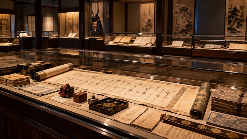 前田利家から歴代当主へ続く家系図をイメージした歴史資料館の展示