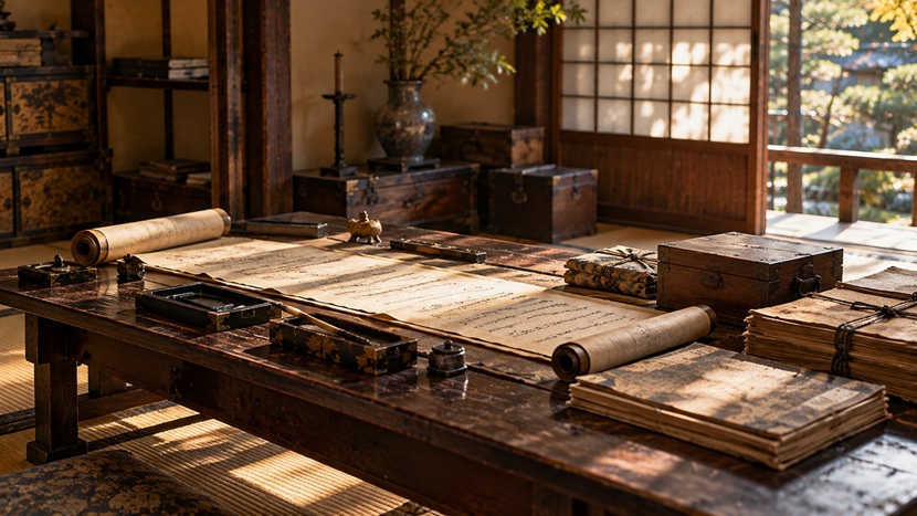 前田利家の遺言をイメージした古い和紙の文書と筆が置かれた武家屋敷の文机