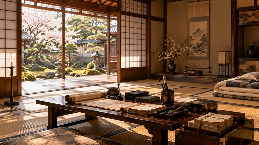 前田利家の晩年をイメージした安土桃山時代の武家屋敷の座敷と庭園