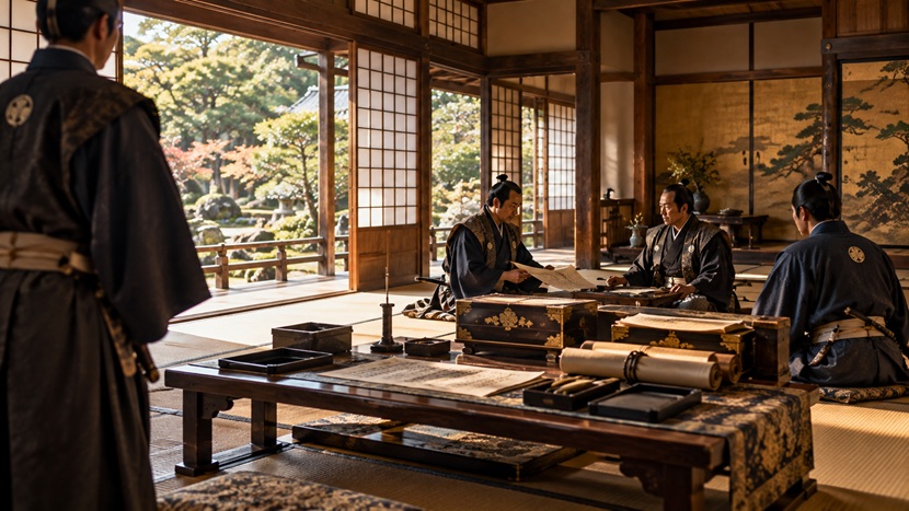 清洲同盟の成立背景をイメージした戦国時代の武家屋敷と書状