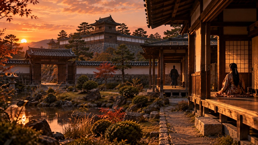 築山殿事件と松平信康の切腹を象徴する戦国時代の岡崎城の夕暮れ