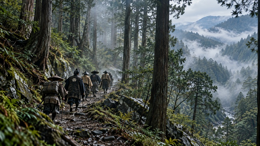 本能寺の変の後に伊賀の山道を通って三河を目指す徳川家康一行のイメージ