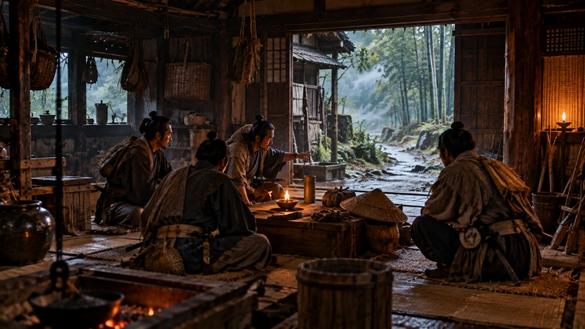 徳川家康の伊賀越えに同行した家臣たちをイメージした戦国時代の屋内での相談風景