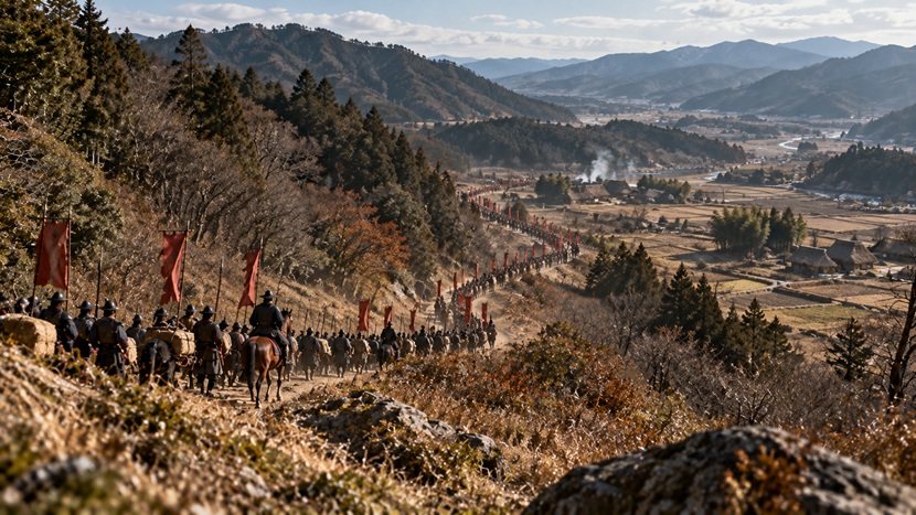 三方ヶ原の戦いに向けて遠江へ進軍する武田軍をイメージした山間の風景
