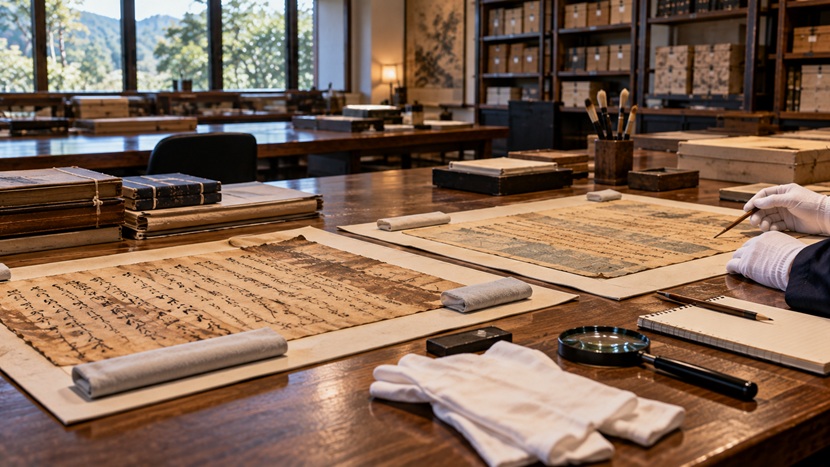 徳川家康の遺訓の真偽を調べるため古文書と資料を比較する研究机