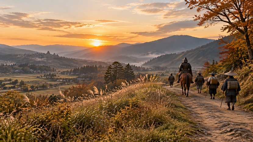 戦国時代の夕暮れの街道を少人数の供とともに進む騎馬武者