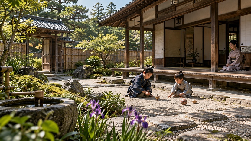 戦国時代の武家屋敷の庭で遊ぶ幼い兄弟と見守る侍女たち