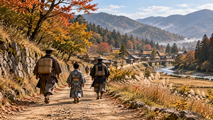 戦国時代の街道を少人数の供とともに進む若い武家の少年の歴史再現風景