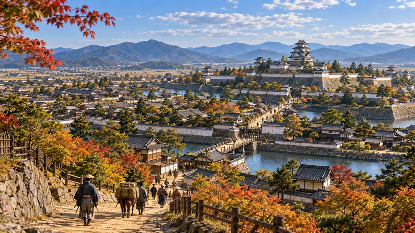 江戸時代初期の城下町で武家屋敷と城郭を遠望する歴史再現風景