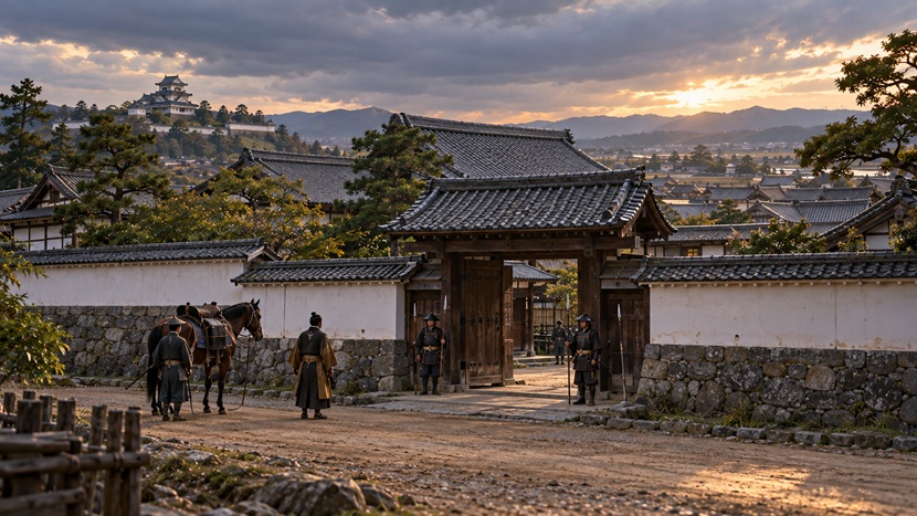 1579年ごろの岡崎城下をイメージした武家屋敷の門と使者の歴史再現風景