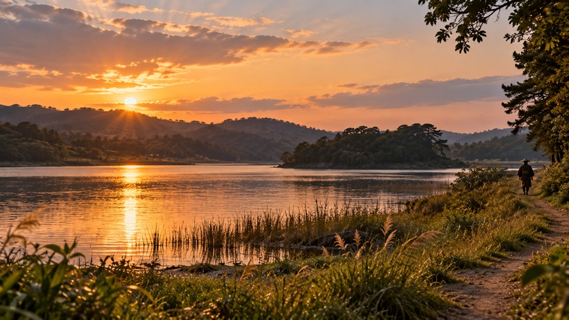 築山殿が最期を迎えたと伝わる佐鳴湖周辺をイメージした夕暮れの湖畔