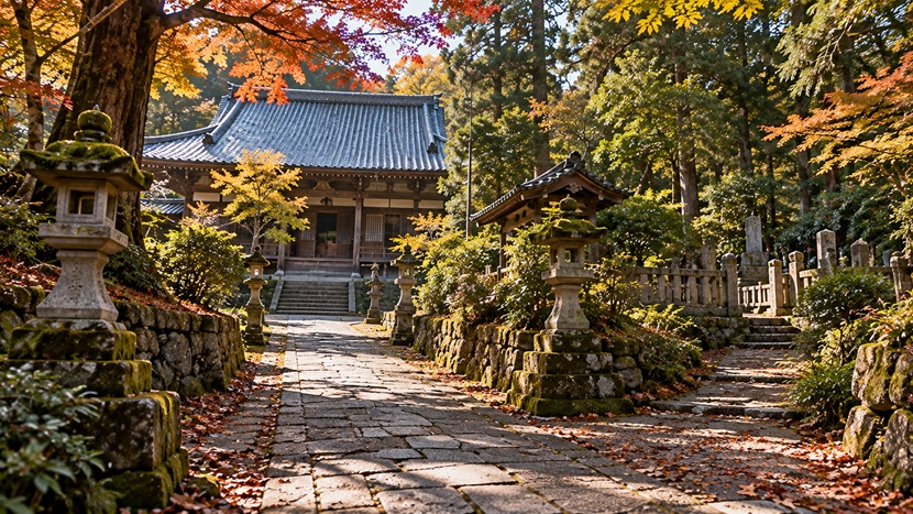 築山殿の墓所がある西来院をイメージした秋の寺院境内と石畳の参道