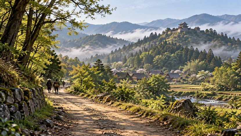 戦国時代の三河地方をイメージした山間の街道と遠くに見える城