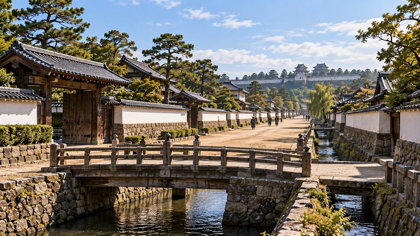 江戸時代初期の武家屋敷と整備された城下町の通りをイメージした風景