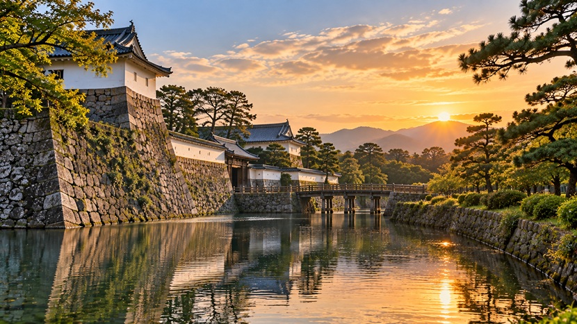 徳川家康が晩年を過ごした駿府をイメージした城の石垣と静かな庭園風景