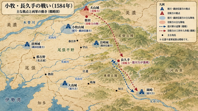 小牧山城・犬山城・楽田・岩崎城・長久手の位置と羽柴軍の三河中入作戦の進軍方向を示した概略図