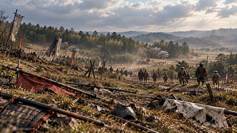 長久手の戦いが終わった後の戦場に残された旗や槍を再現した戦国時代の風景