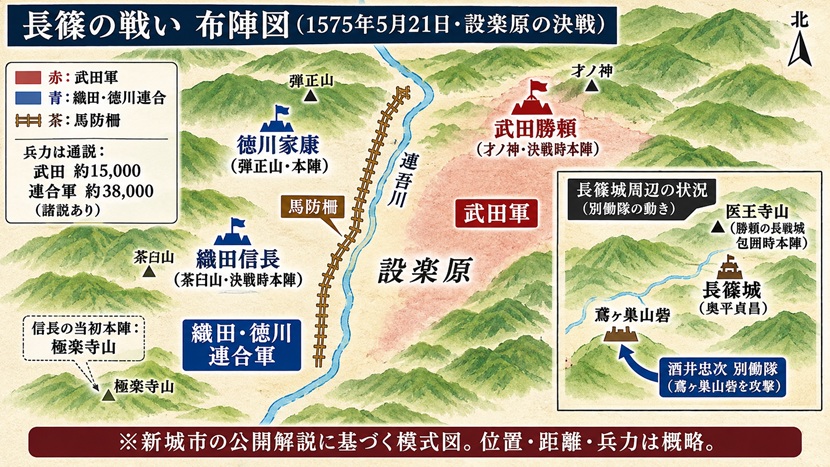 長篠の戦いの設楽原布陣図で連吾川を挟んだ織田徳川連合軍と武田軍の配置、両軍本陣、馬防柵を示す