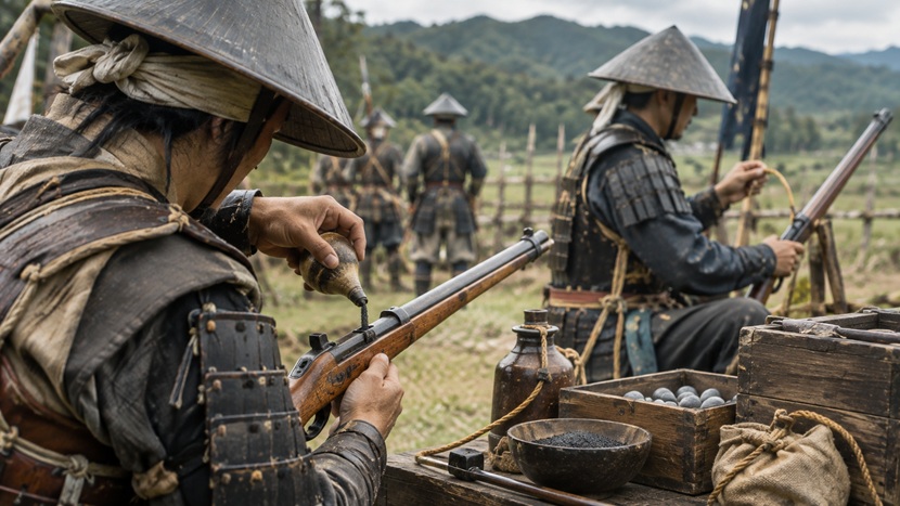戦国時代の足軽が火縄銃に火薬と弾丸を装填する歴史再現風景