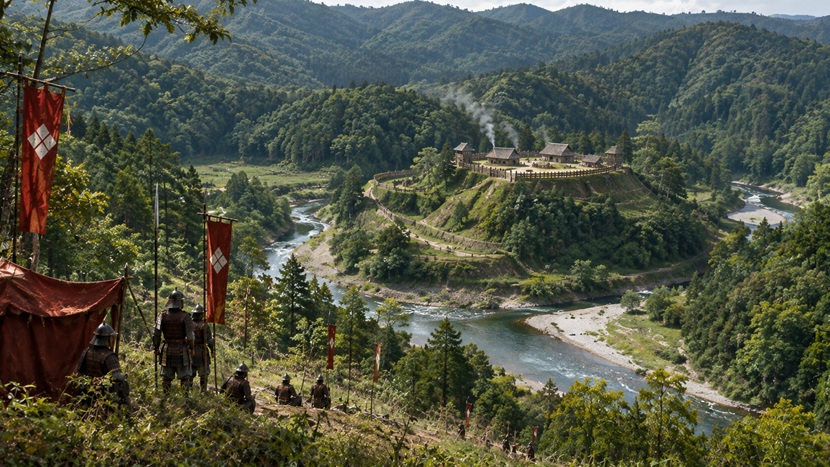 1575年の長篠城を遠方から包囲する武田軍と周辺の河川や丘陵を描いた歴史再現画像