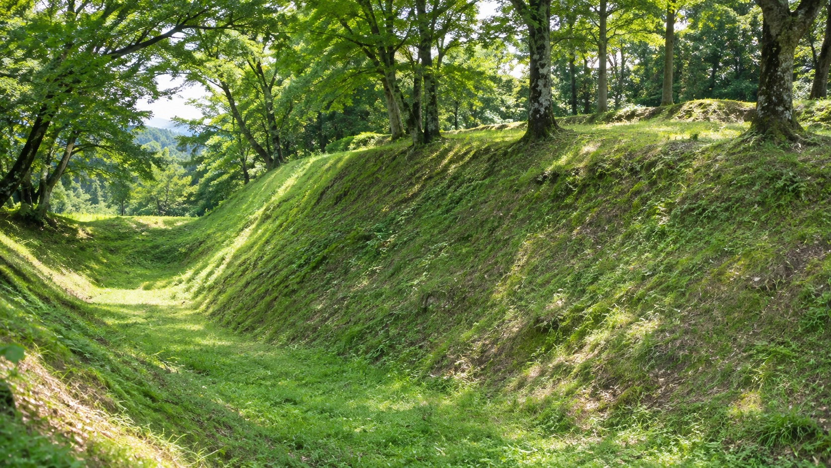 現在の長篠城跡に残る土塁と空堀をイメージした風景