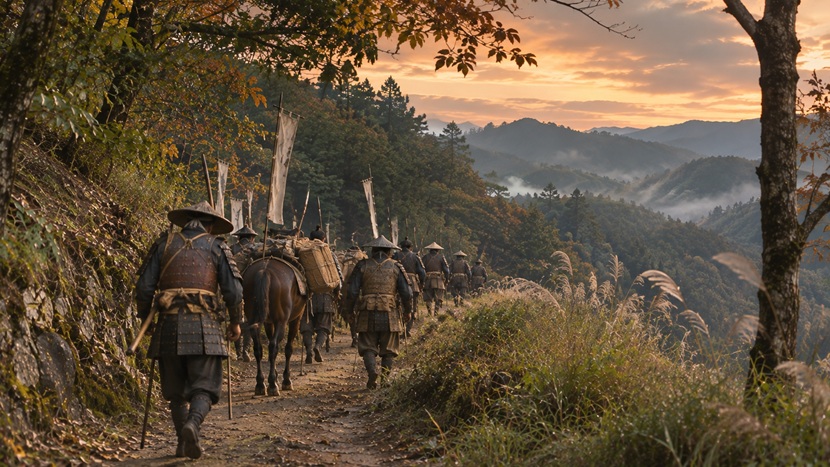 1600年の関ヶ原の決戦に向かう軍勢をイメージした歴史風景。夕暮れの山道を槍や荷物を持った足軽たちが進む。