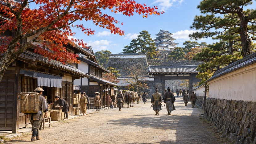 関ヶ原の戦いの後をイメージした城下町の風景。秋の穏やかな日差しの中、城門へ続く道を武士と町人が行き交う。