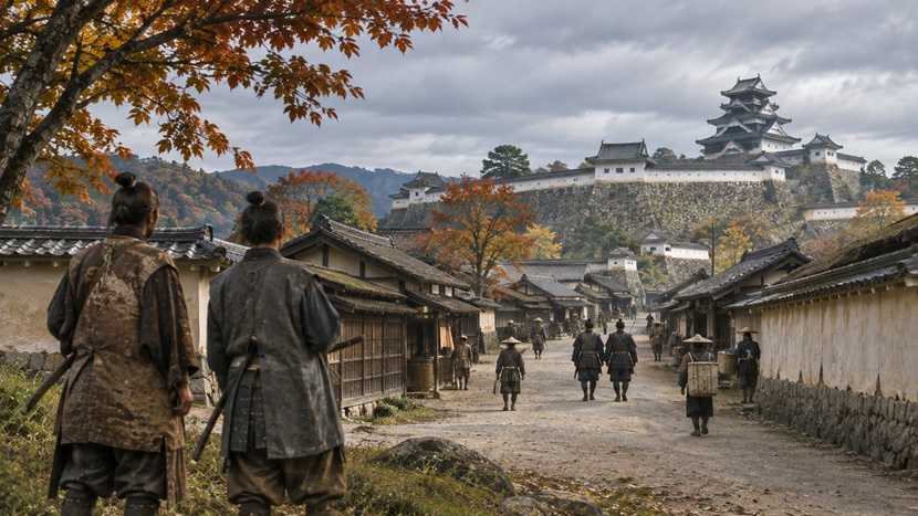 豊臣秀吉の死後の政治的な緊張をイメージした安土桃山時代の城下町。城へ続く道を武士や使者が行き交う風景。