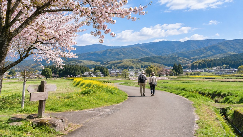 関ヶ原古戦場を歩く観光客と現在の風景