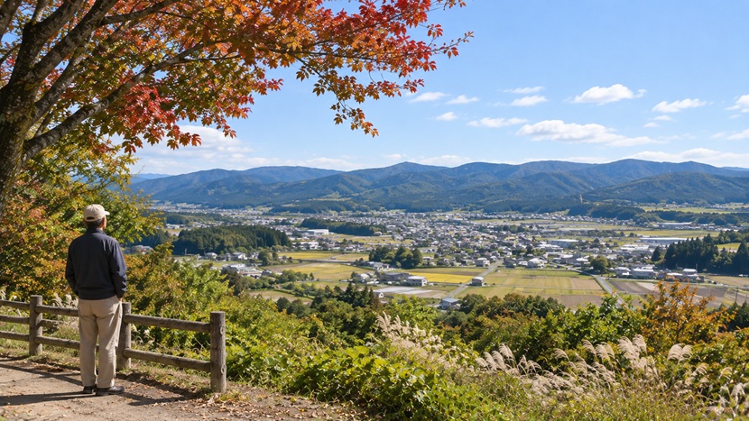 石田三成の陣跡がある笹尾山から見渡した関ヶ原の町並みと山々