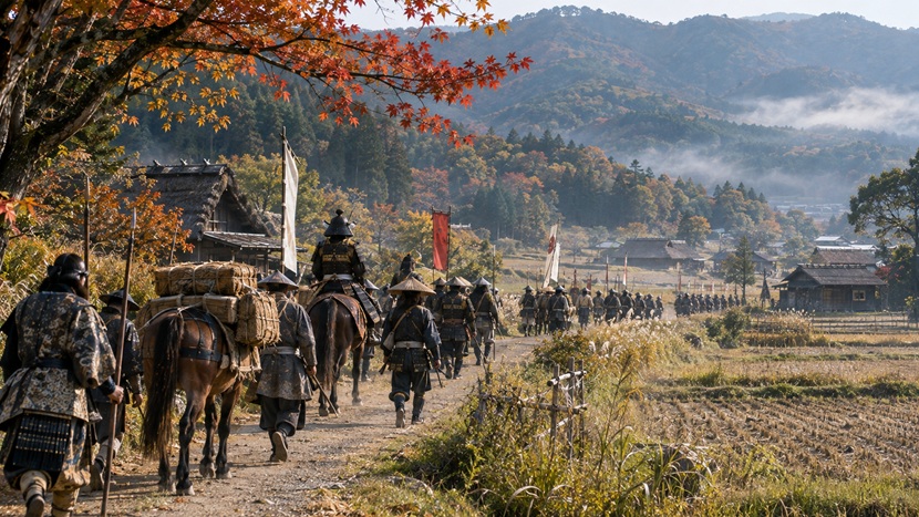1600年頃の街道を関ヶ原方面へ進む東軍の武士と荷駄隊