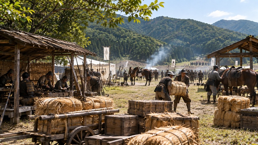 関ヶ原の戦いを前に食料や荷物を運ぶ足軽と戦国時代の野営地