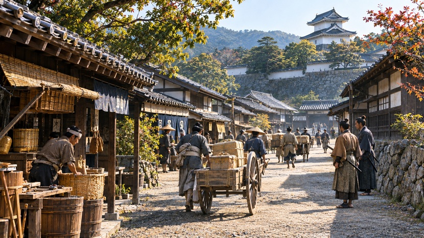 関ヶ原の戦い後の1600年代初頭に城下町で荷物を運ぶ町人と武士