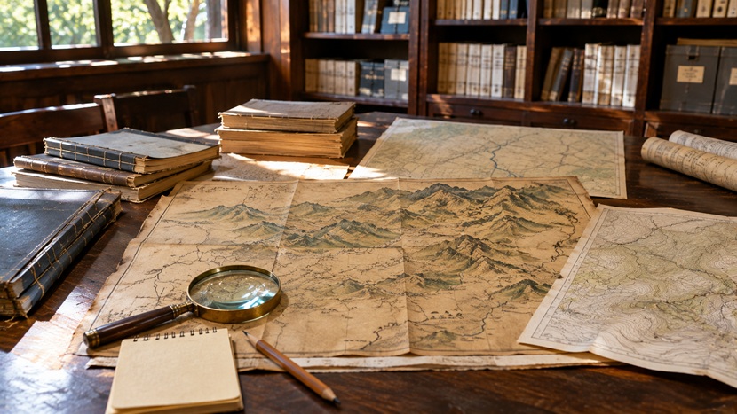 関ヶ原の戦いの従来の布陣図と新説を比較するための古地図や歴史資料を並べたイメージ